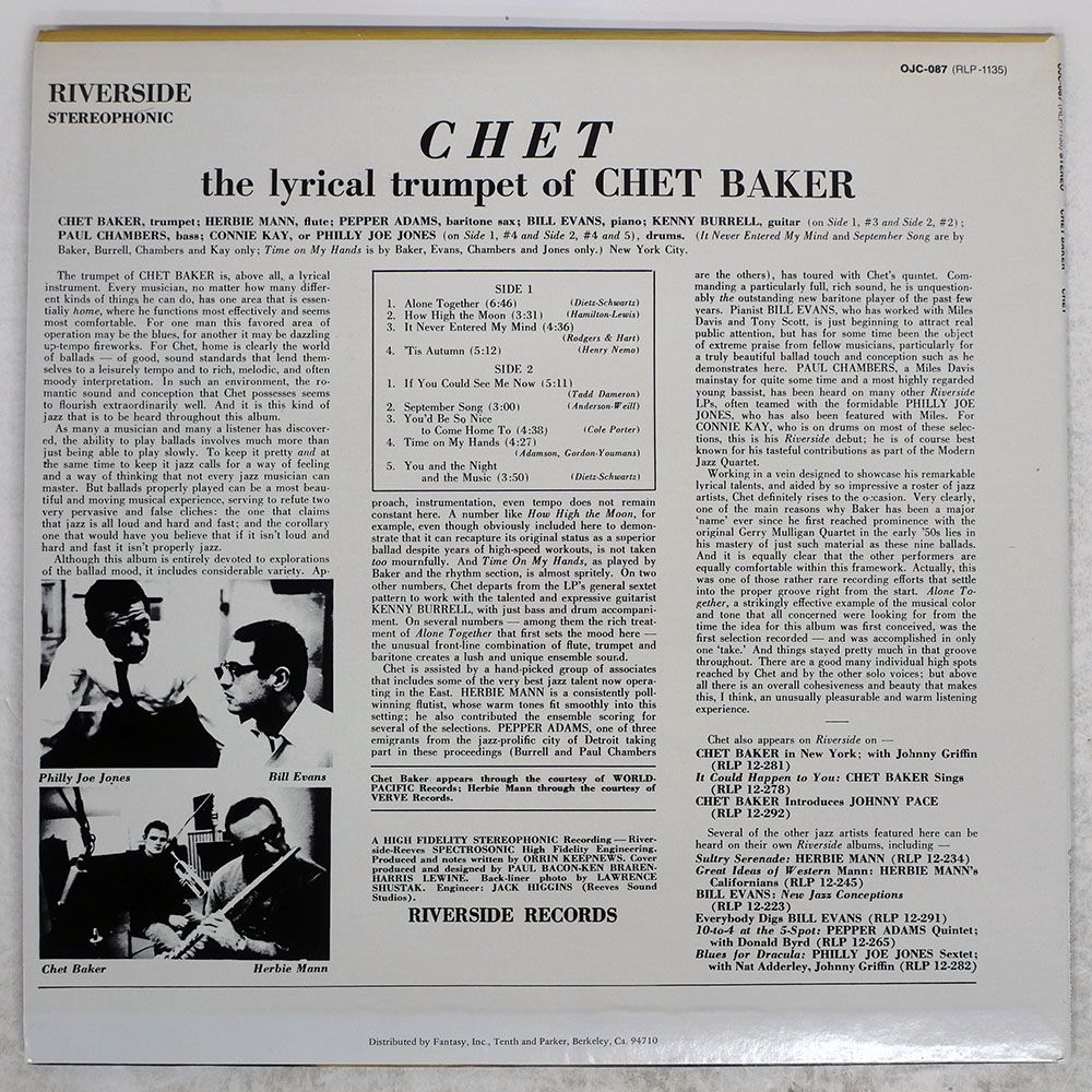 US盤 CHET BAKER|CHET| JAZZ OJC 087 LP