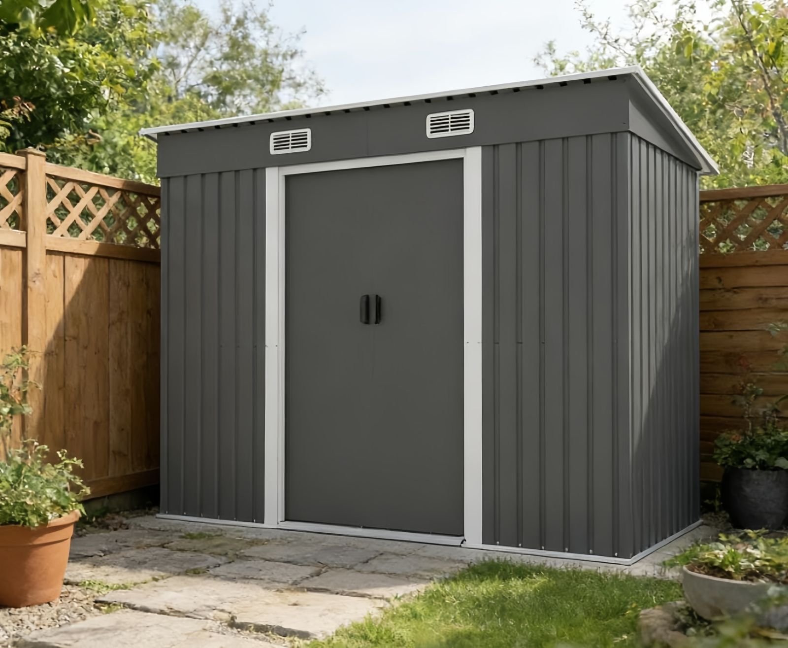 再入荷 大型戸外収納庫 TYPE C スチール製物置 補強フレーム 引き戸 換気口付き 床なし 防水 防錆 GREY