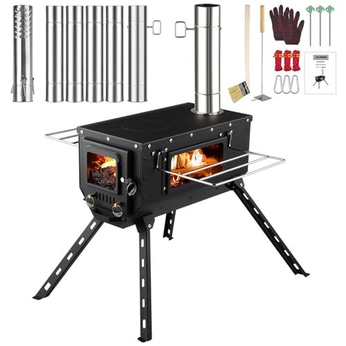 薪ストーブ HUNDRUP ハイスタイル設計 ウッドストーブ 3面ガラス窓 焚き火台 耐熱塗装 底網 煙突 グリッド棚 スパークアレスター付き 折り畳み式 コンパクト収納 アウトドア スポーツ テント用 キャンプ用 BBQ 暖炉 冬 日本語取扱説明書 m
