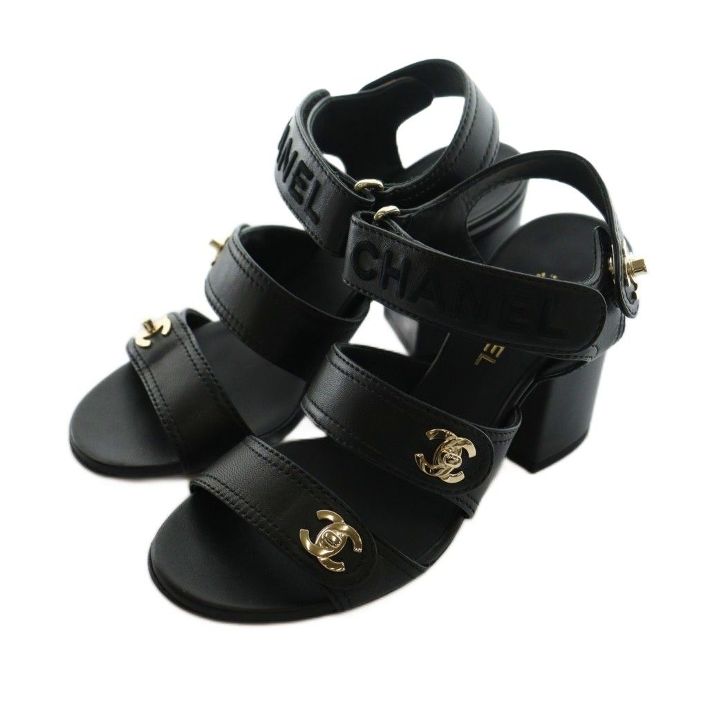 CHANEL サンダル　ストラップ　厚底　エナメル　ブラック　ココマーク シャネル CHANEL ココマーク ストラップサンダル チャンキーヒール