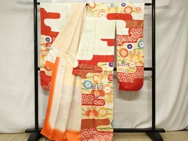 平和屋着物□豪華振袖 駒刺繍 絞り 芝草エ霞花文 正絹 逸品 CABA7009ev