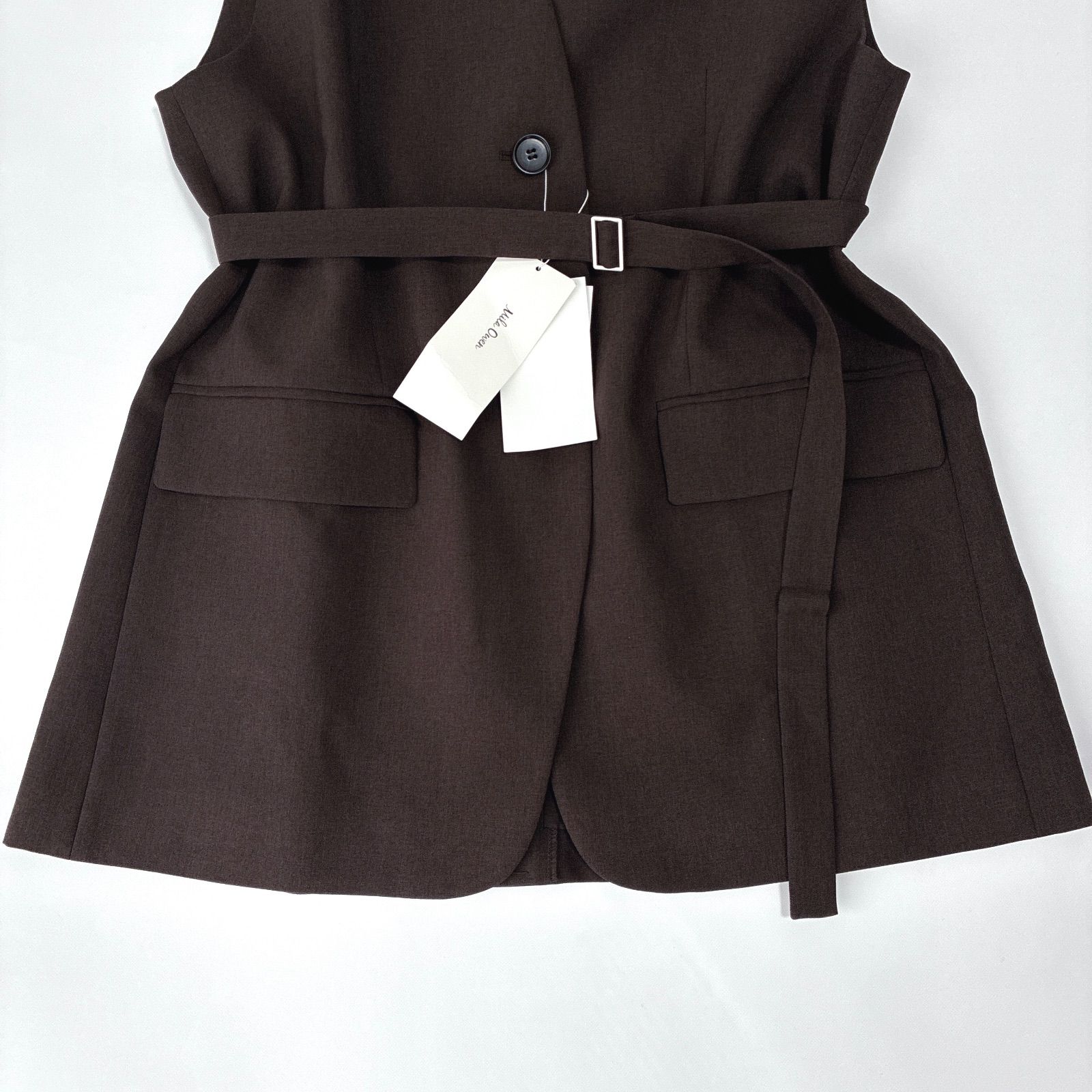 ミラオーウェン　共ベルト付きオーバーサイズノーカラーベストサイズ1ブラウン セール】共ベルト付きオーバーサイズノーカラーベスト（その他アウター