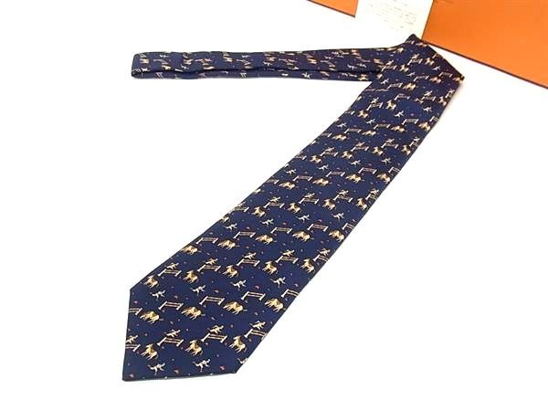 ■新品同様■ HERMES エルメス シルク100% 総柄  ジョッキー 馬 ネクタイ ビジネス 紳士 メンズ ネイビー系×マルチカラー BR1282 □新品同様□ HERMES エルメス シルク100% 総柄 ジョッキー 馬