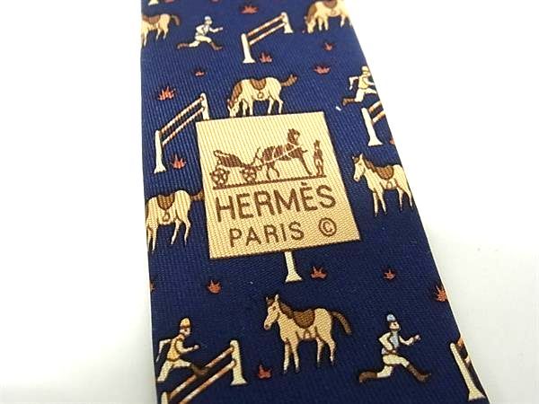 ■新品同様■ HERMES エルメス シルク100% 総柄  ジョッキー 馬 ネクタイ ビジネス 紳士 メンズ ネイビー系×マルチカラー BR1282 □新品同様□ HERMES エルメス シルク100% 総柄 ジョッキー 馬