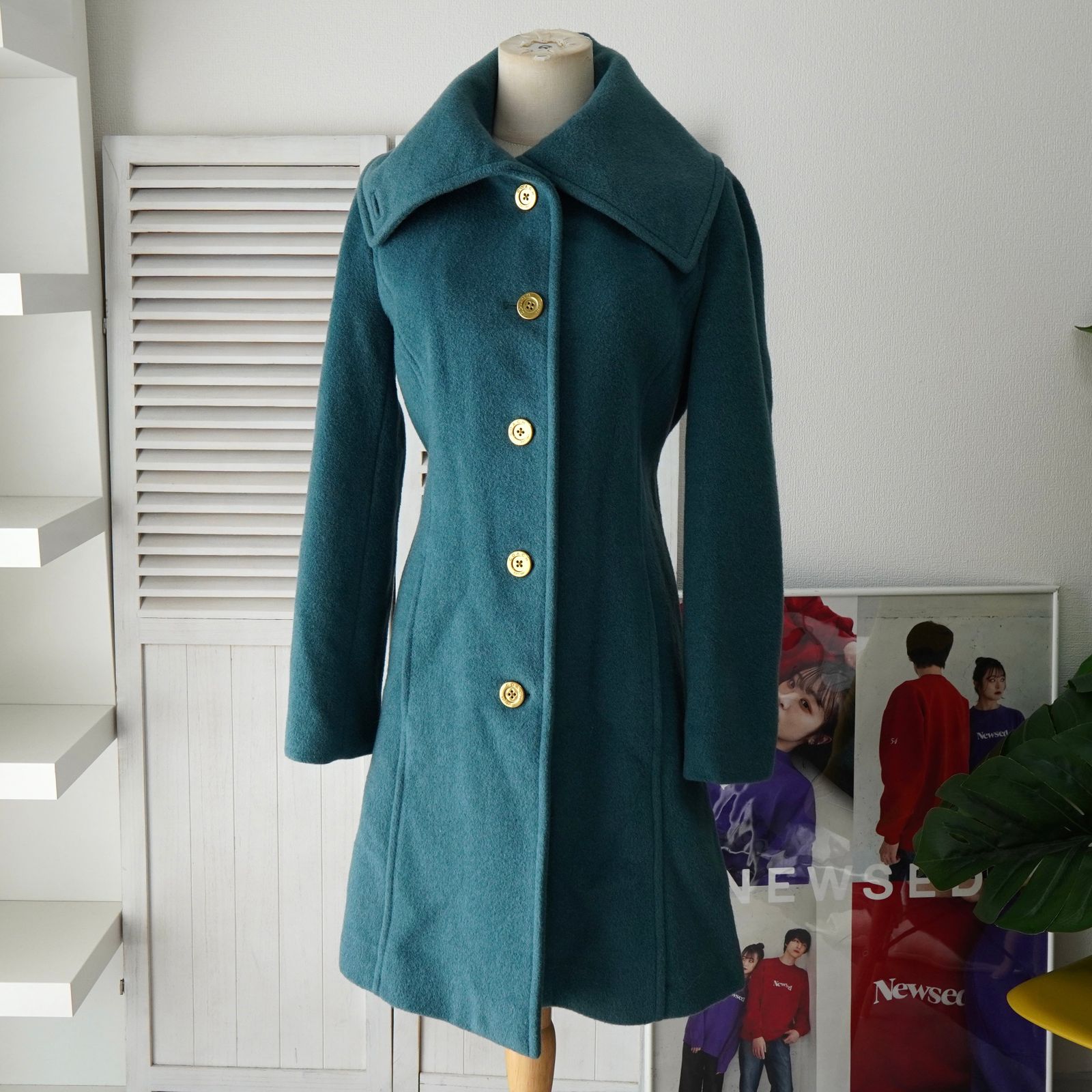 コーチ 金ボタン モヘア ビッグカラー ステンカラーコート 金ボタン