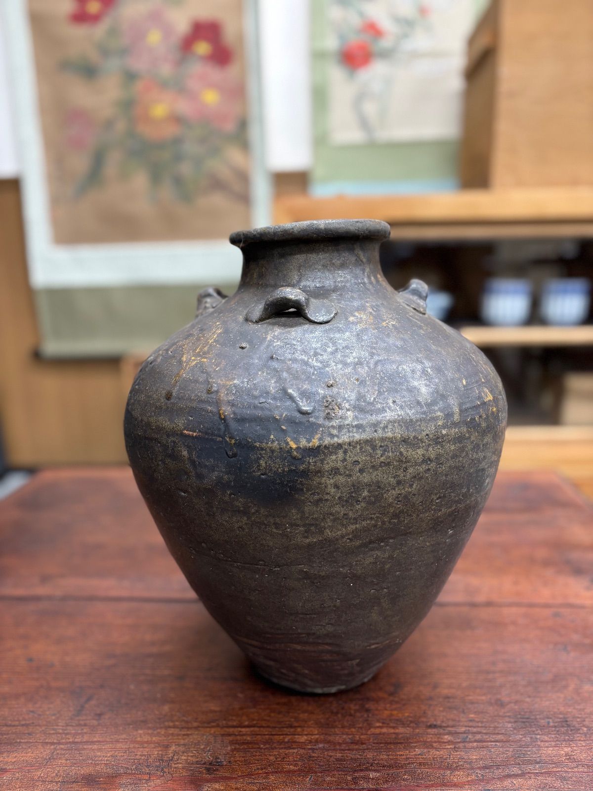 古常滑 四耳壺 共箱付 常滑焼 古美術 壷 骨董品 古玩 工芸品