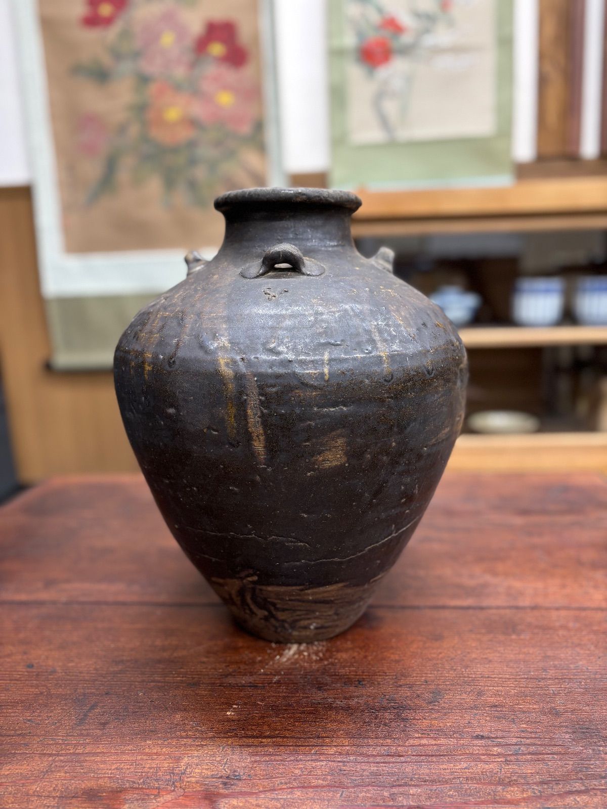 古常滑 四耳壺 共箱付 常滑焼 古美術 壷 骨董品 古玩 工芸品