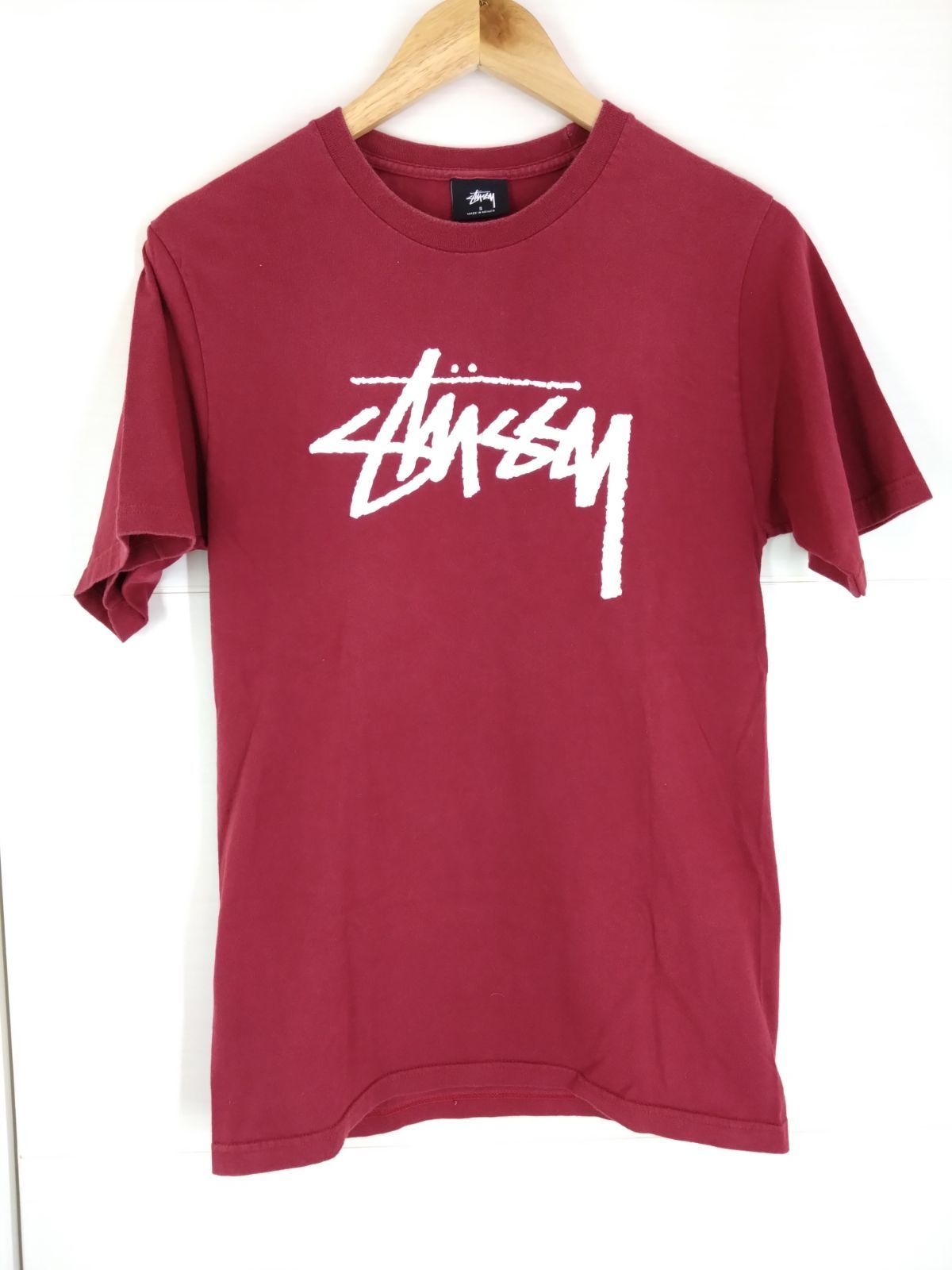 USA製 STUSSY スチューシー ロゴTシャツ ワインレッド 胸中央プリント 