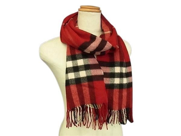 BURBERRY バーバリー マフラー ノバチェック レッド系 カシミヤ100％ レディース フリンジ 美品【本物保証】 BURBERRY バーバリー マフラー ノバチェック レッド系 カシミヤ100