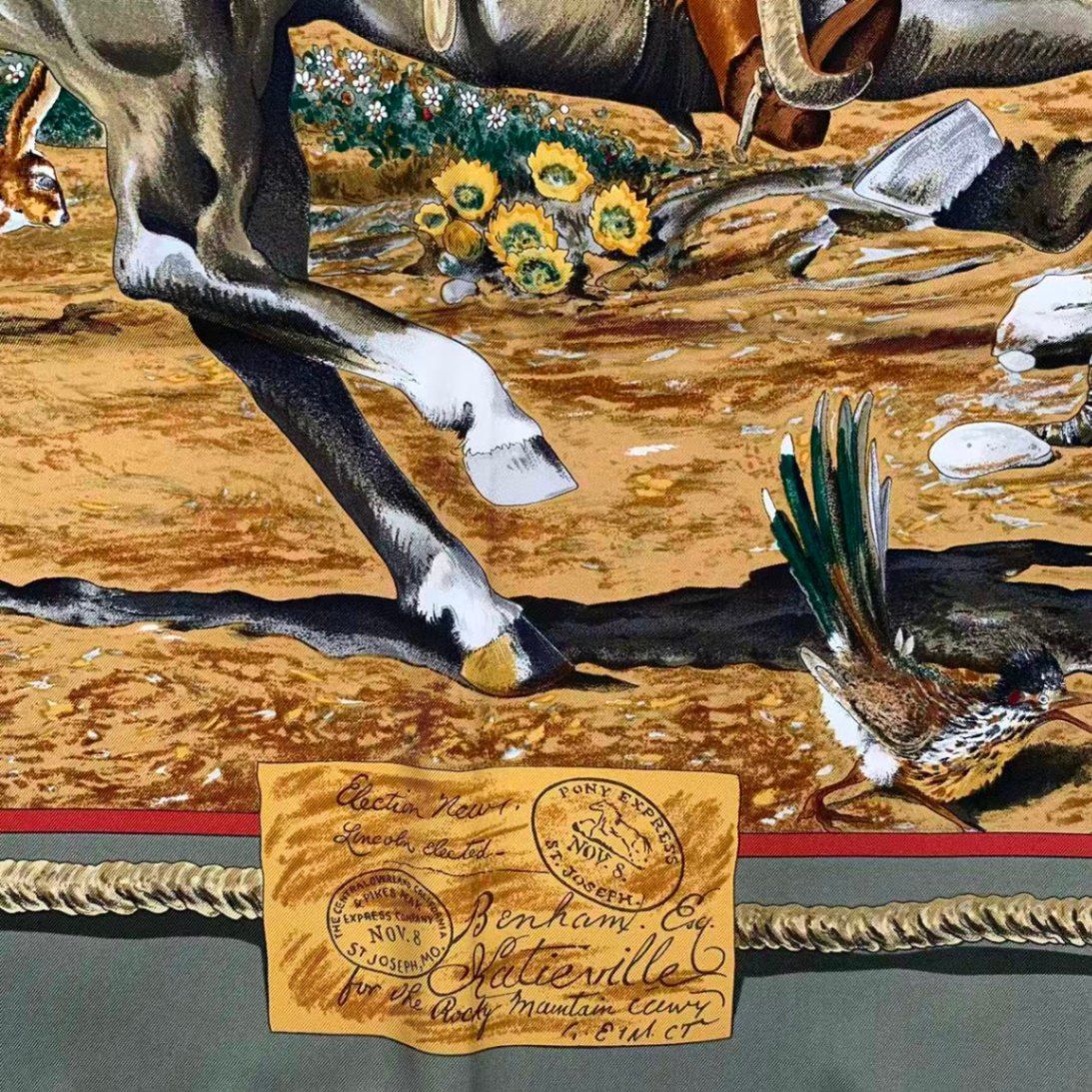 新品同様 HERMES エルメス カレ90 THE PONY EXPRESS 郵便社 馬 シルク