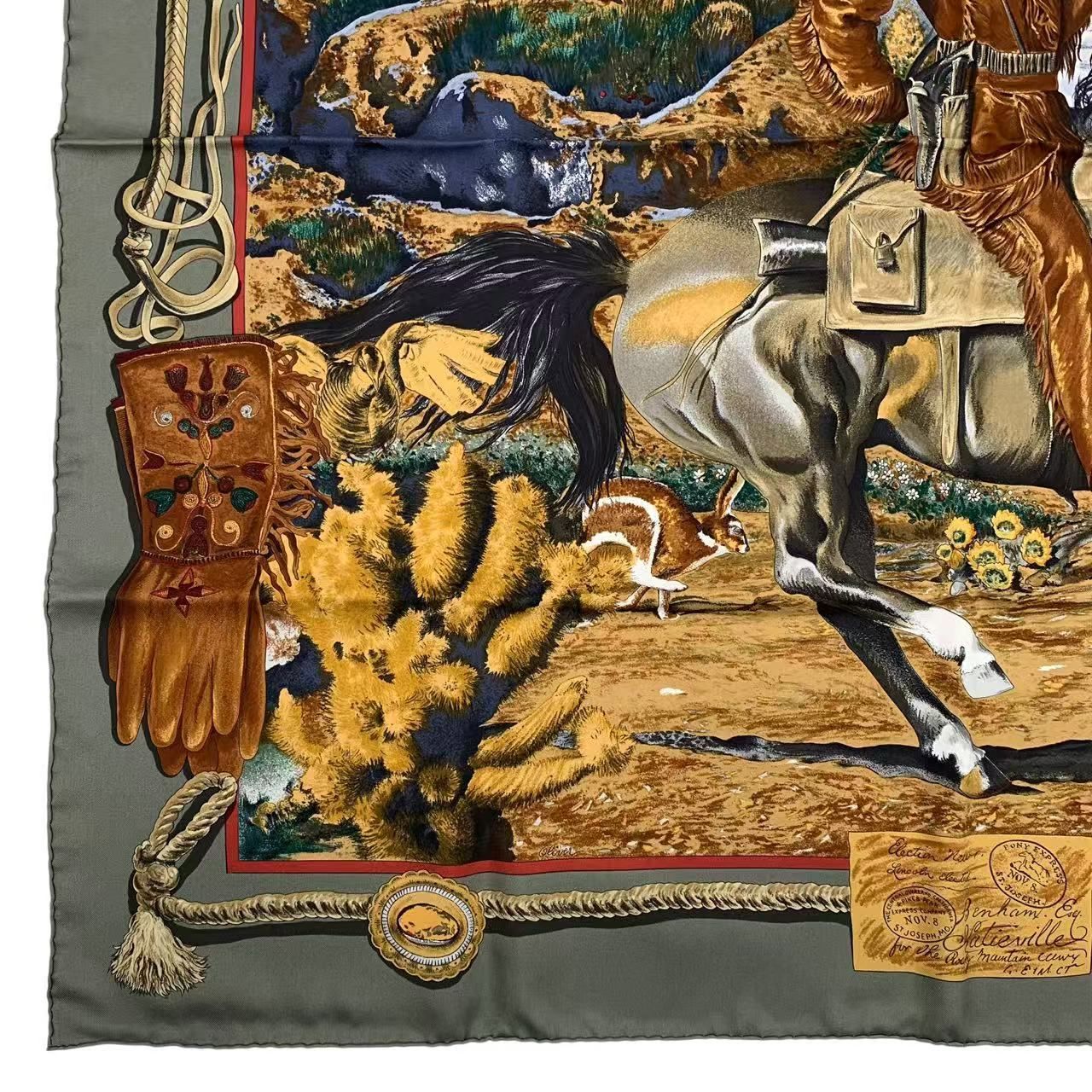 新品同様 HERMES エルメス カレ90 THE PONY EXPRESS 郵便社 馬 シルク