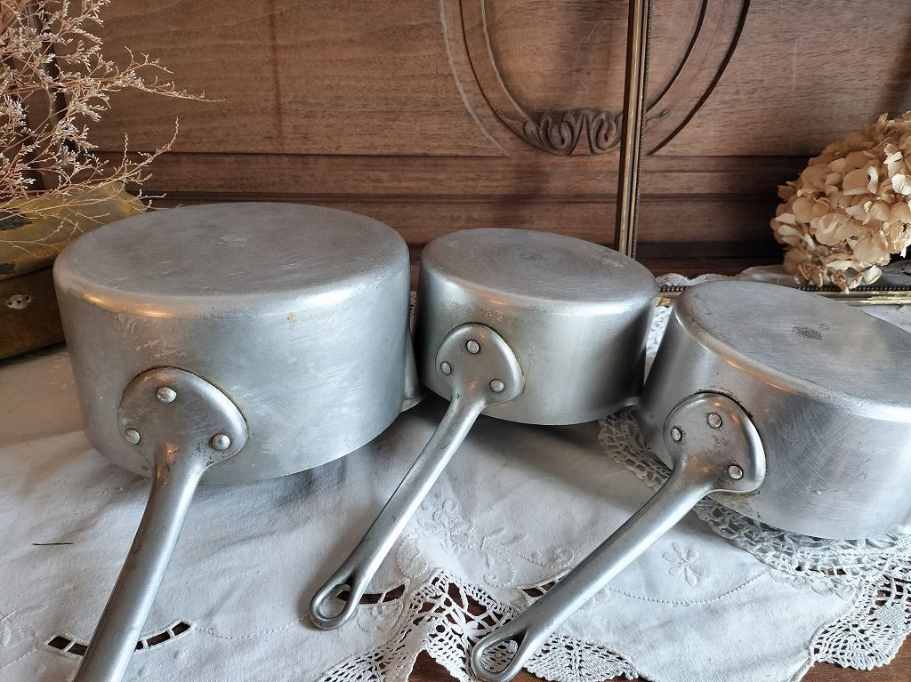 アルミ 3段 ポット 鍋 フランス アンティーク アルミ 3段 ポット 鍋 フランス アンティーク