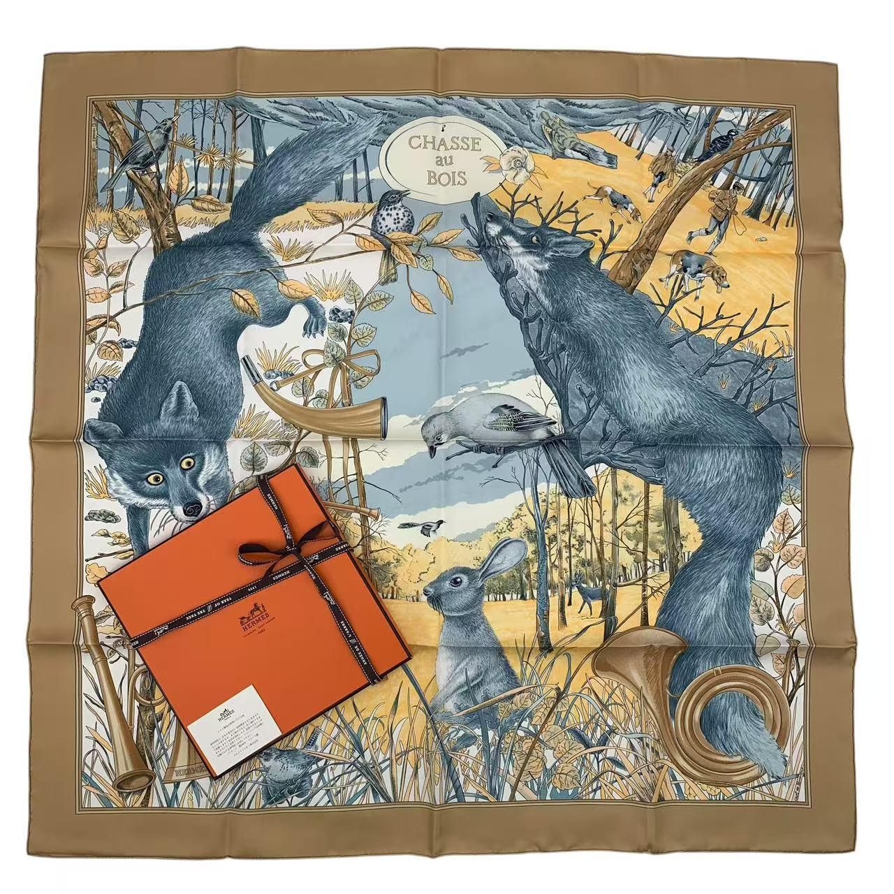 未使用品 HERMES エルメス スカーフ シルク カレ90 CHASSE au BOIS 森