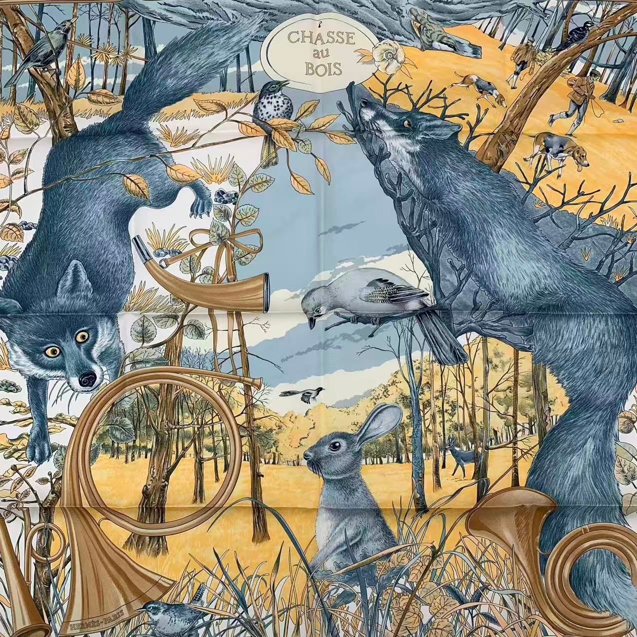 未使用品 HERMES エルメス スカーフ シルク カレ90 CHASSE au BOIS 森