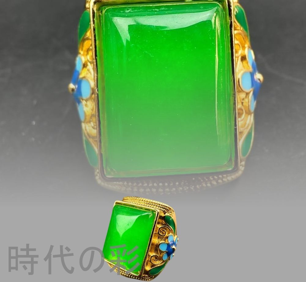 老翡翠 景泰藍嵌め指輪』中国古美術 冰種満緑 手工彫刻 玉器 裝身具