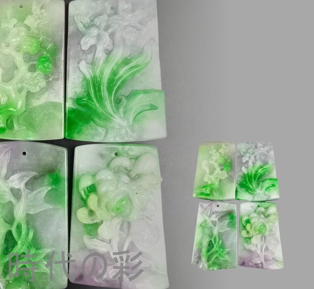 古玉老翡翠 梅蘭竹菊玉牌 四件組』中国古美術 古代ミャンマー 紫青老種