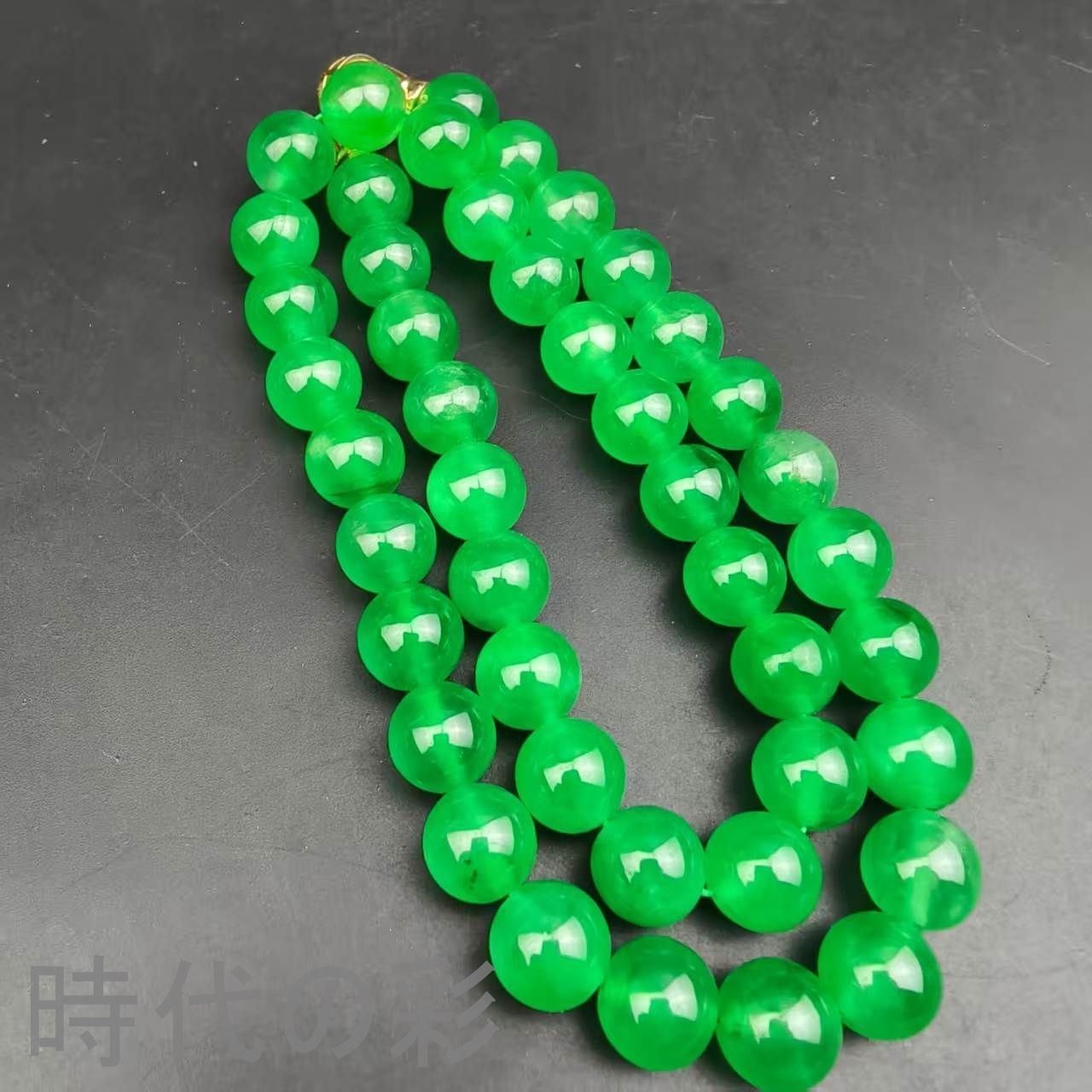古玉老翡翠 12mm丸珠ネックレス』中国古美術 古代ミャンマー 高冰満緑 