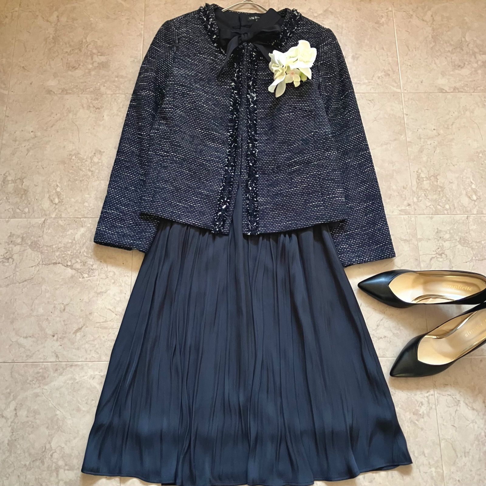 BEAMS HEART ツイード調ジャケット×INDIVI ボウタイワンピース セット 