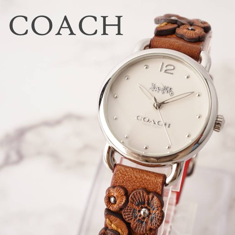美品　COACH　腕時計　クォーツ　レディース　レザー　花柄　稼働中 COACH コーチ レディース 腕時計 ブラウン 茶 レザー 革 花柄 ベルト