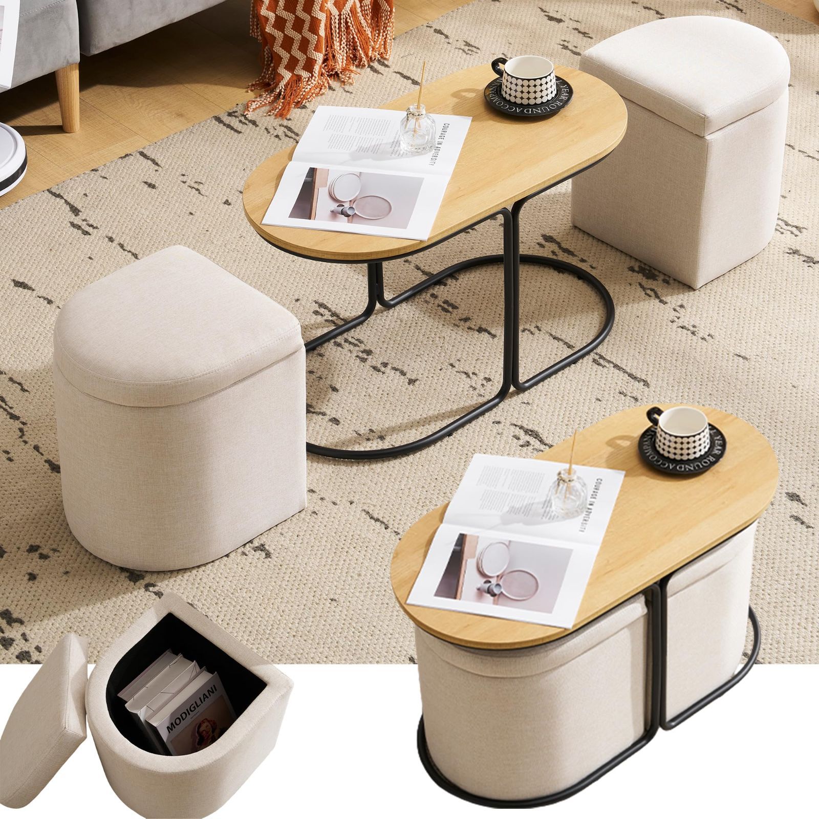 在庫処分 おしゃれ センターテーブル ローテーブル スツール付き 収納