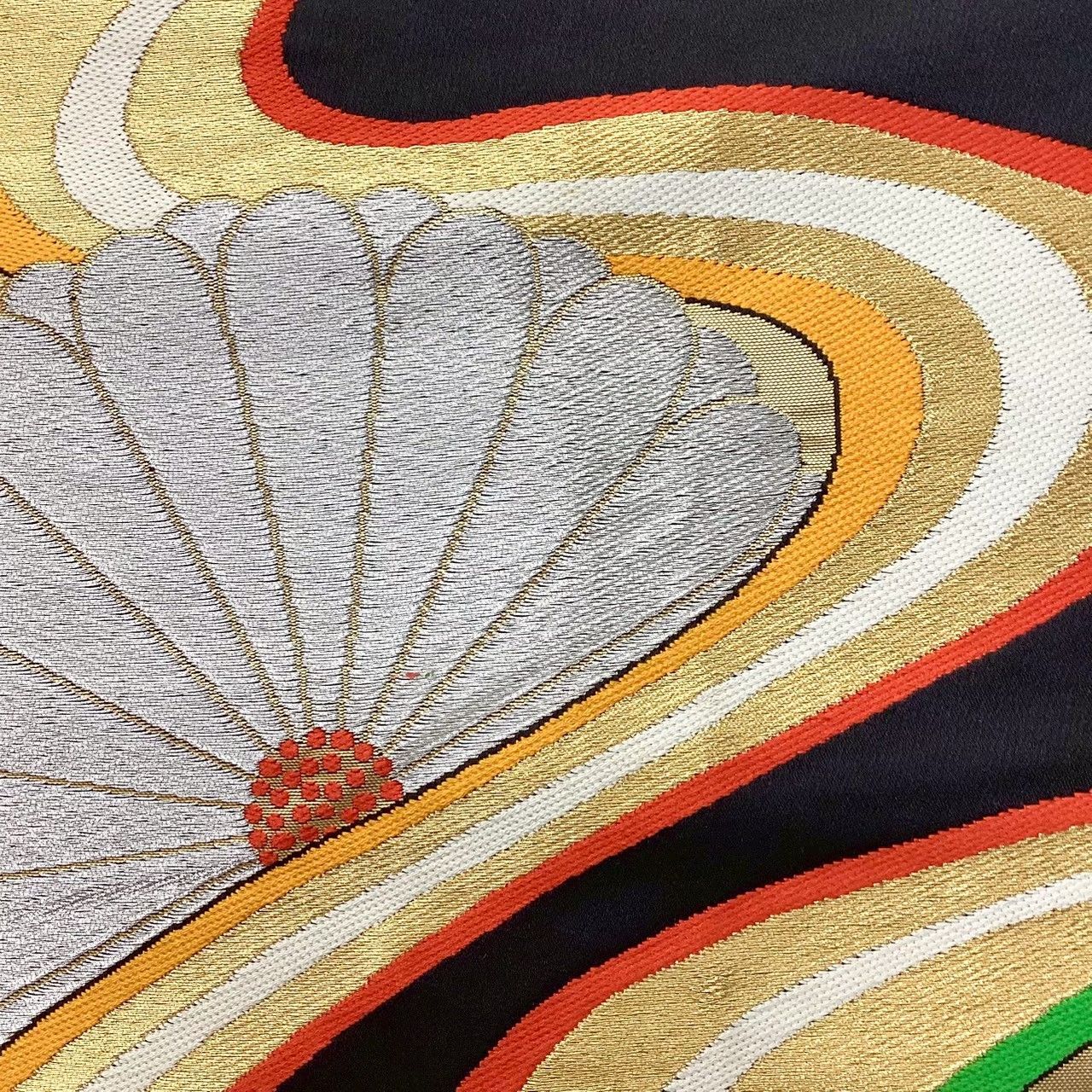 A 三越扱い 華文に菊模様 金銀糸 黒地 正絹 六通 袋帯 フォーマル O15 A 三越扱い 華文に菊模様 金銀糸 黒地 正絹 六通 袋帯 フォーマル O15 -