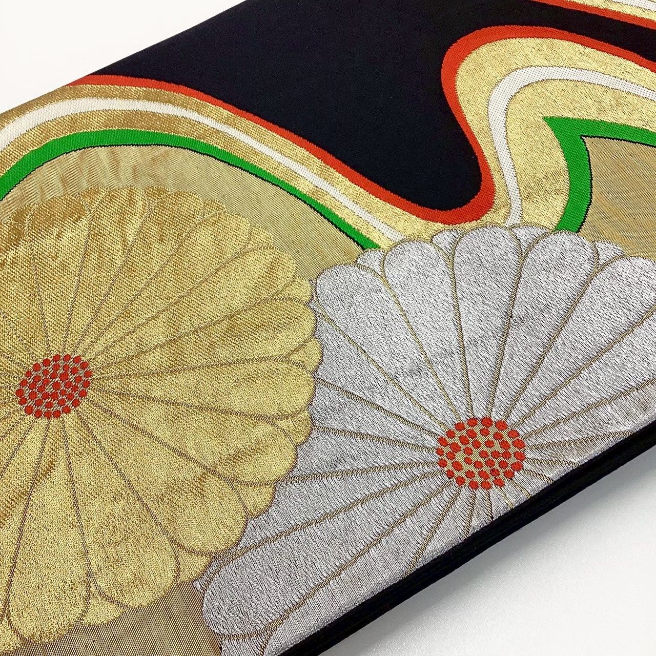 6672］袋帯 菊流水文様 金銀糸 六通 黒 正絹 着物 フォーマル - メルカリ