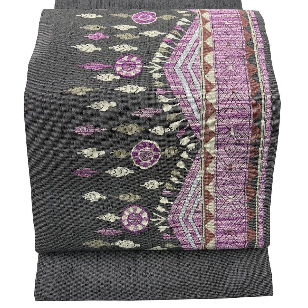 開き名古屋帯 名品 紬地 幻の貝紫 幾何学模様 灰色 正絹 【中古