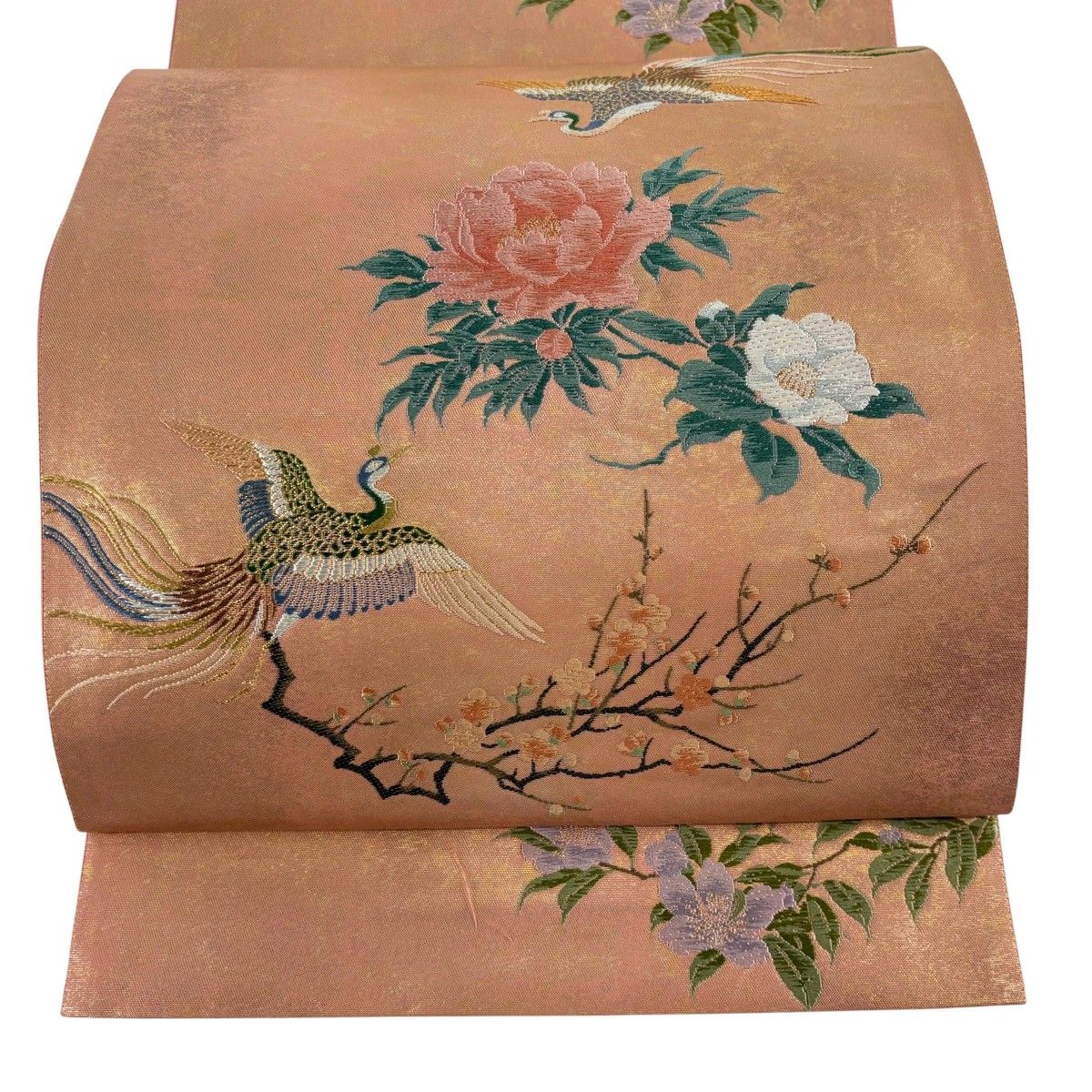 美品】 袋帯 名品 じゅらく 落款 証紙 四季花鳥図 金糸 箔 ピンク