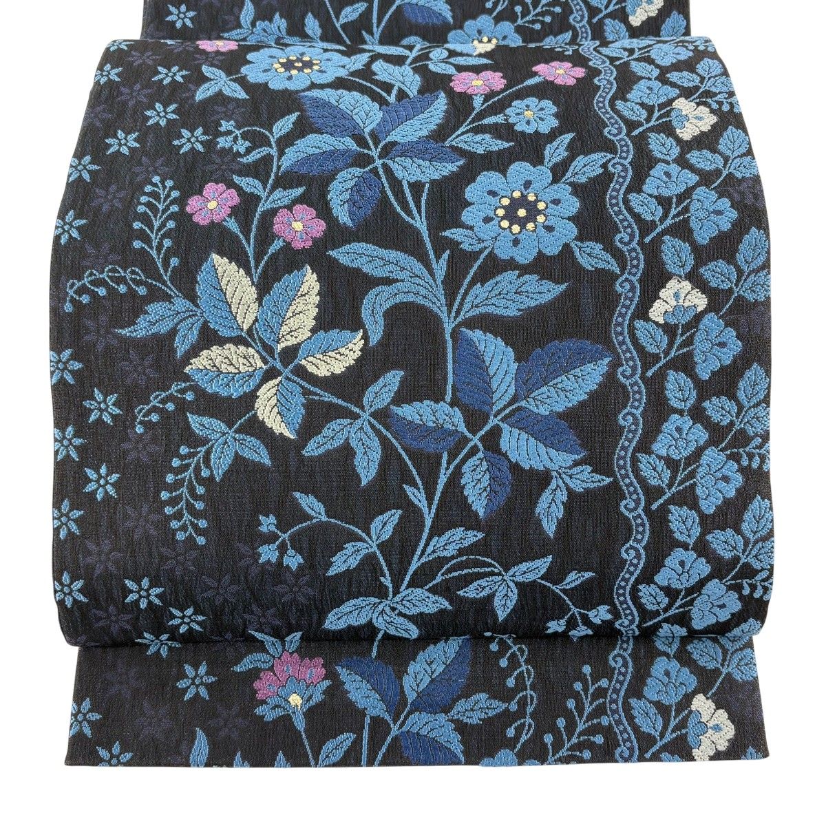 美品】 袋帯 名品 西陣織 草花 箔 唐織 濃紺 六通 正絹 【中古