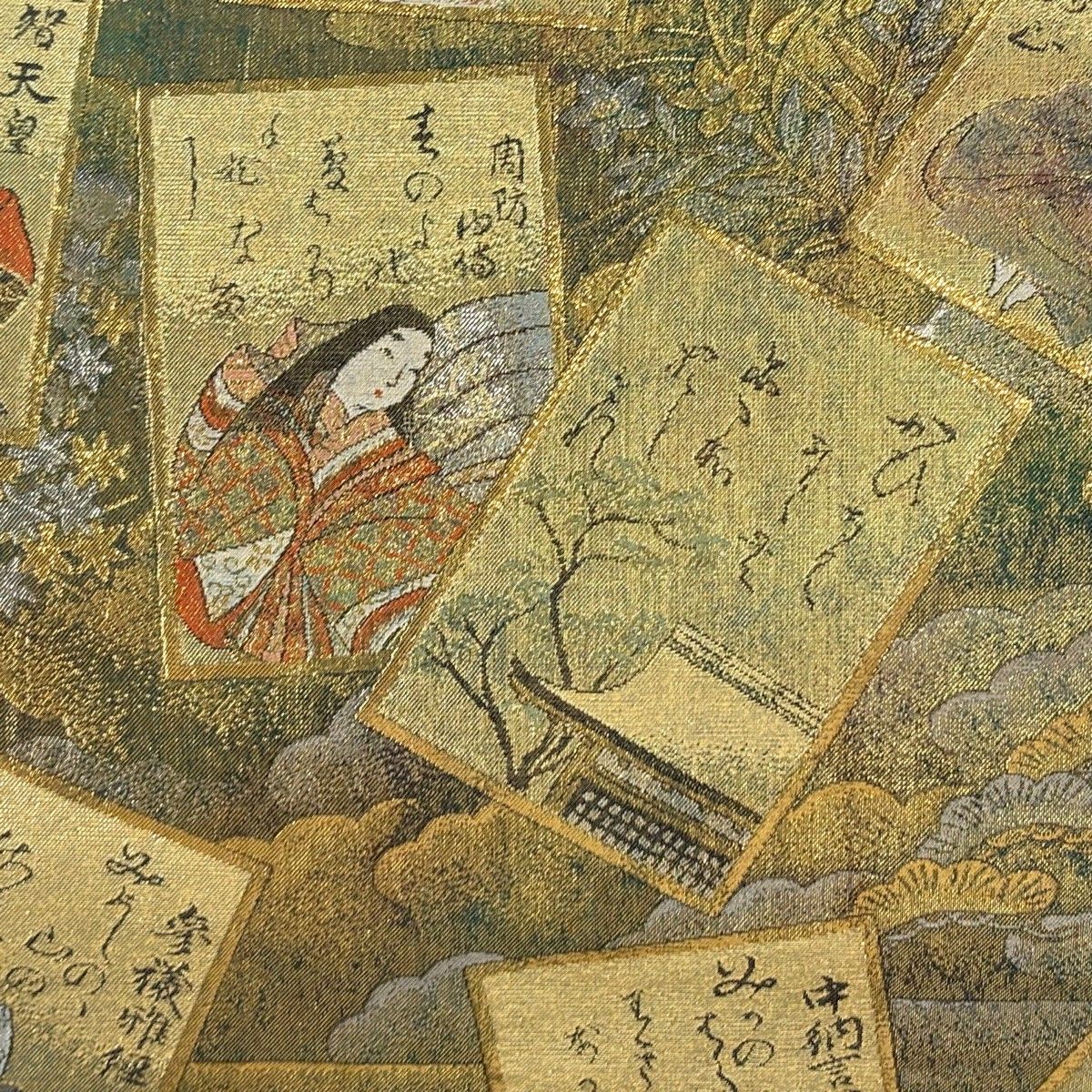 美品】 袋帯 名品 百人一首 樹木 箔 金色 お太鼓柄 正絹 【中古