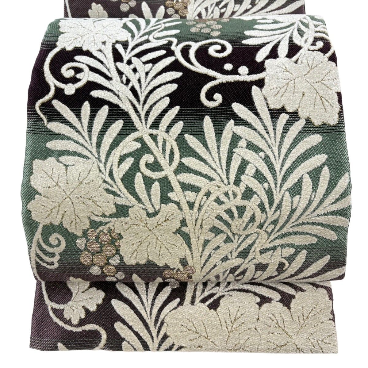 美品】 袋帯 名品 葡萄唐草 横段 箔 金糸 薄緑 六通 正絹 【中古