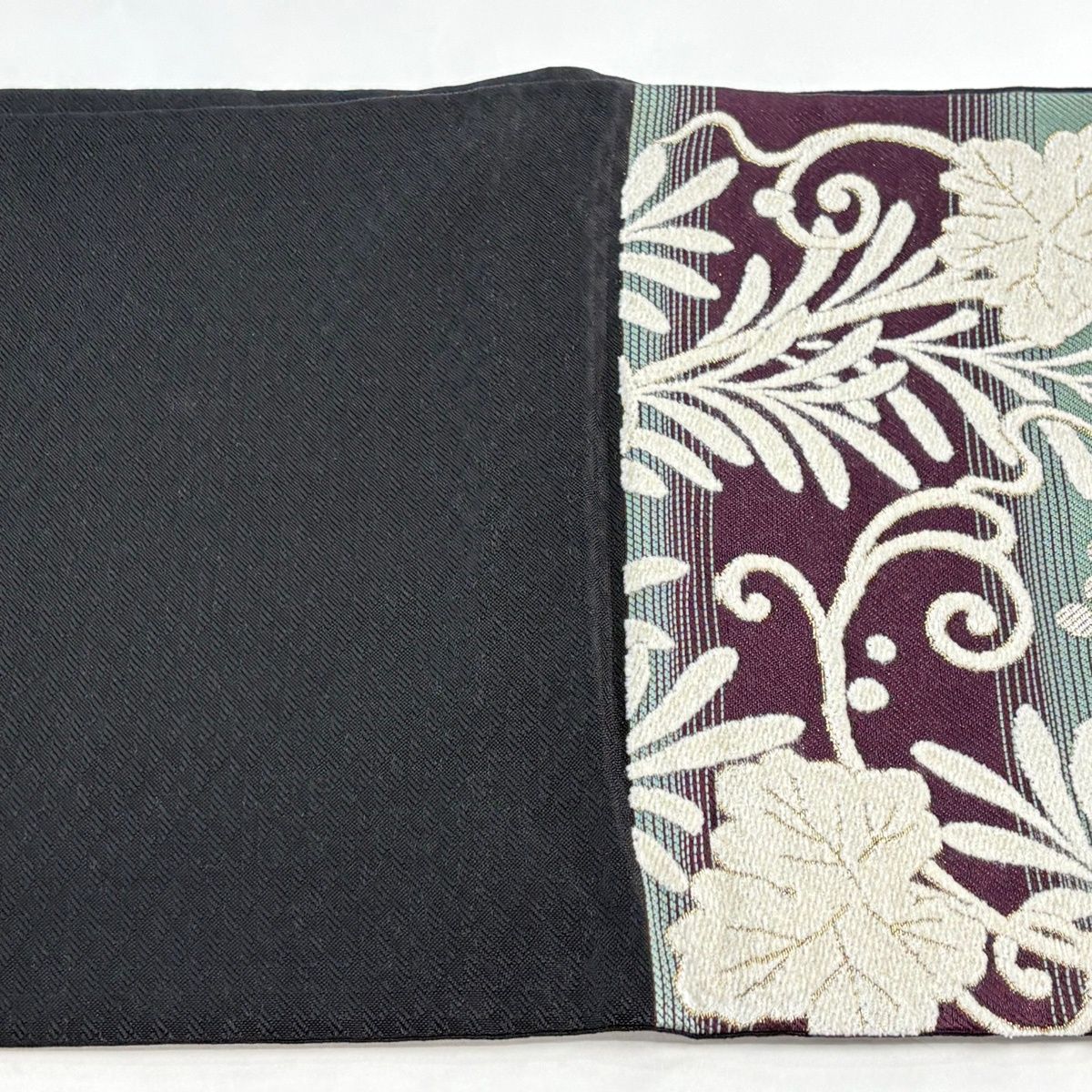 美品】 袋帯 名品 葡萄唐草 横段 箔 金糸 薄緑 六通 正絹 【中古