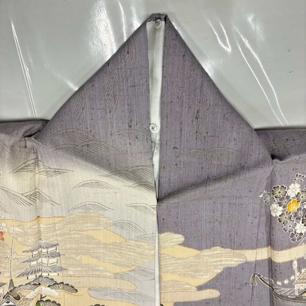 訪問着 身丈160.5cm 裄丈65.5cm 正絹 美品 秀品 【中古】 美品】 訪問着 身丈160.5cm 裄丈65.5cm M 袷 紬地 建物 松竹梅 金彩 灰