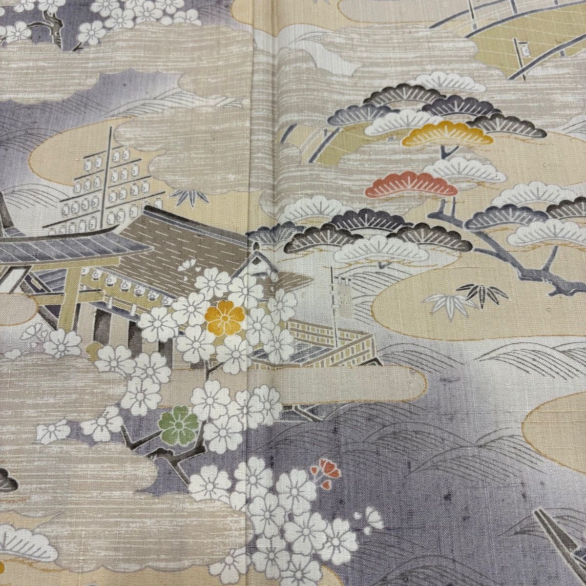 美品】 訪問着 身丈160.5cm 裄丈65.5cm M 袷 紬地 建物 松竹梅 金彩 灰