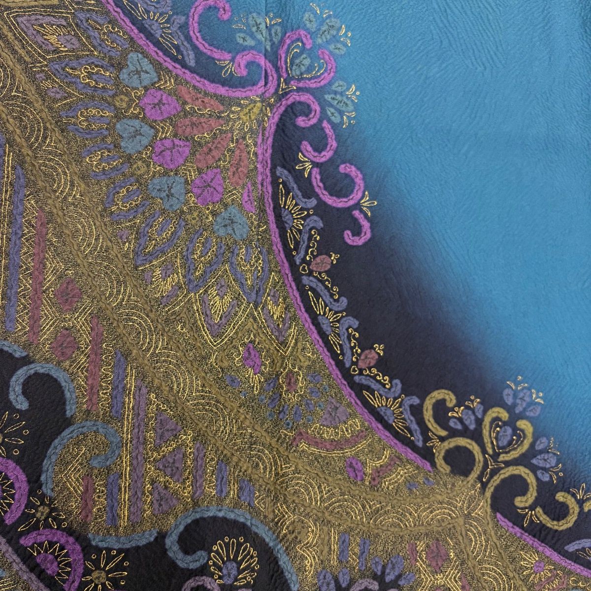 訪問着 身丈174cm 裄丈69cm L 袷 滝泰 落款 華文 唐草 金彩 ぼかし 青