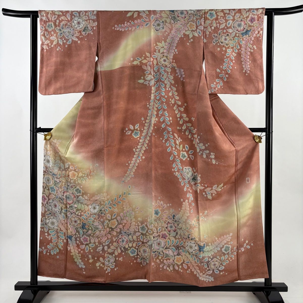 【スモールサイズ＊】辻が花の紬　茶色　ピンク　正絹　特価☆ 美品】 訪問着 身丈157cm 裄丈62.5cm S 袷 翠山工房 落款 辻が花 銀