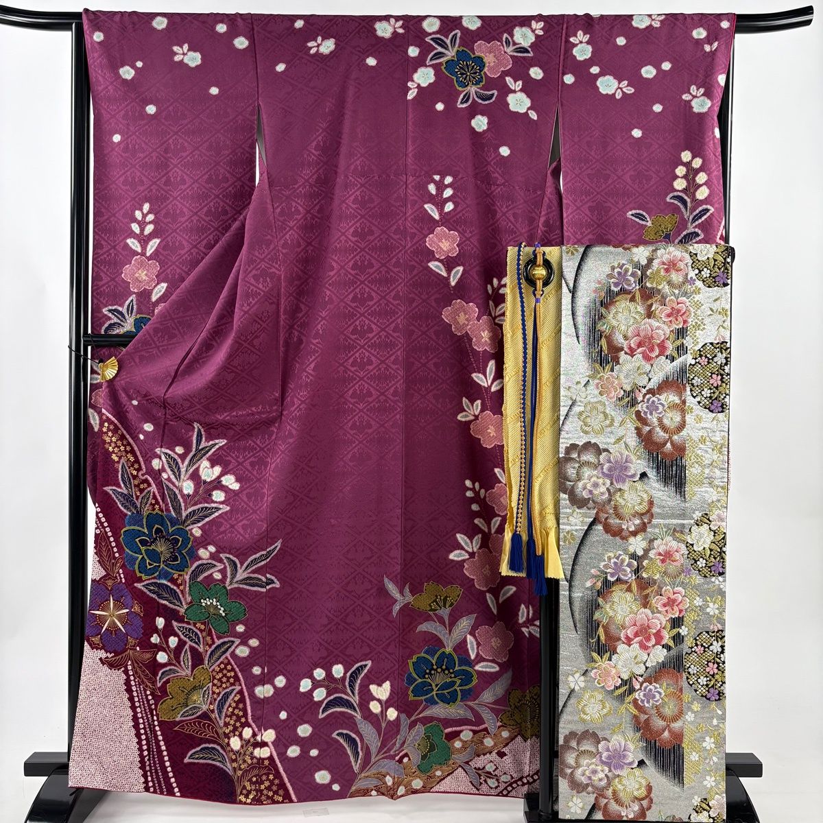 美品】 振袖 身丈166cm 裄丈66.5cm M 袷 袋帯フルセット 桜 地紋 金彩