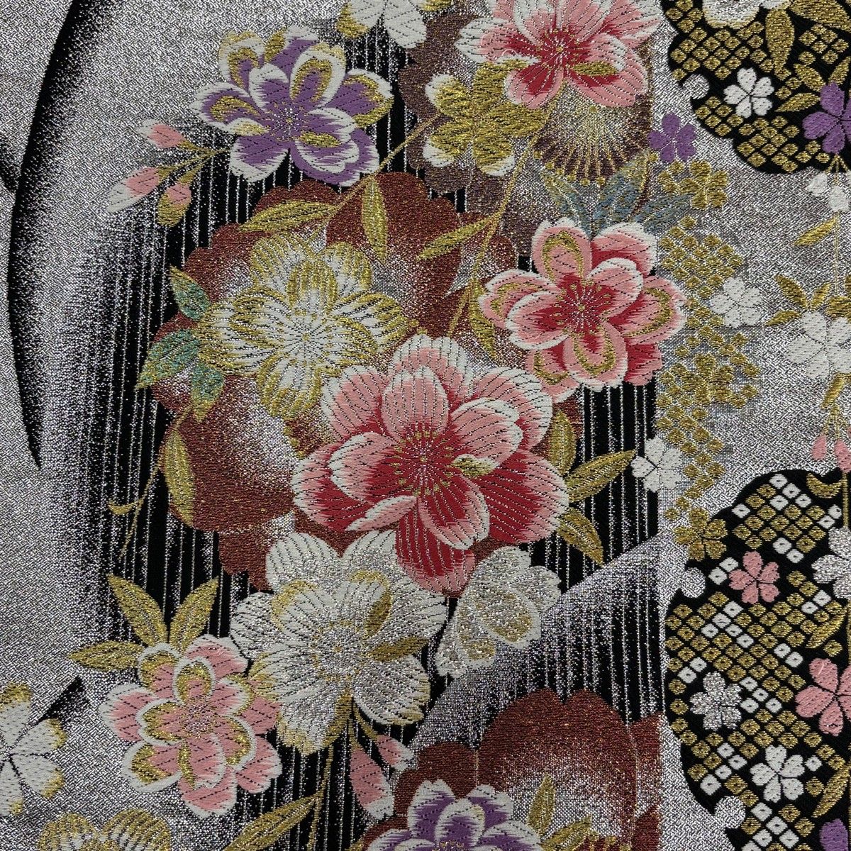 美品】 振袖 身丈166cm 裄丈66.5cm M 袷 袋帯フルセット 桜 地紋 金彩