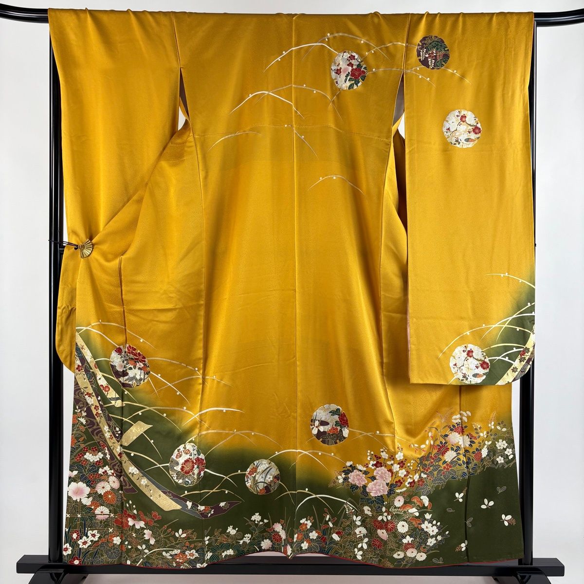 振袖 身丈157.5cm 裄丈67cm M 袷 雪輪 草花 金糸 金銀彩 山吹色 正絹