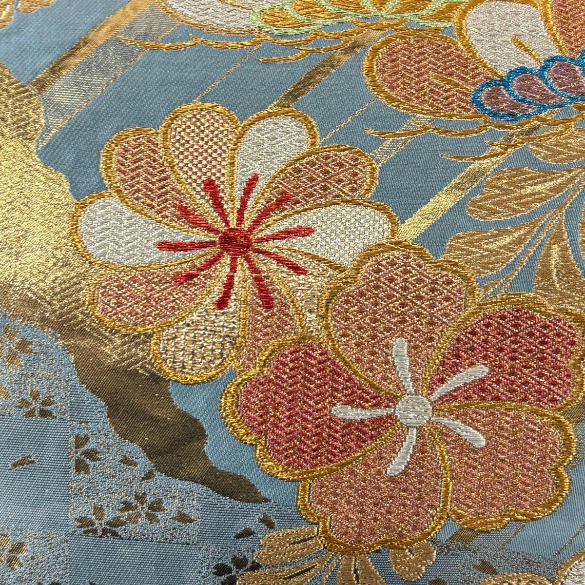 袋帯 青灰色 草花文 松 梅 椿 金糸 銀糸 引箔 六通 正絹