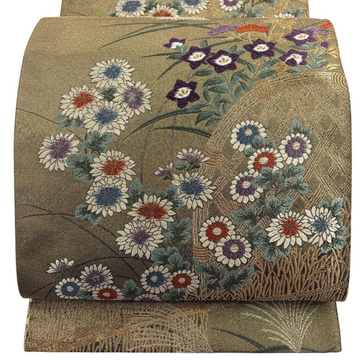 美品】 袋帯 秀品 花井幸子 落款 菊 光悦垣 金糸 茶緑色 六通 正絹