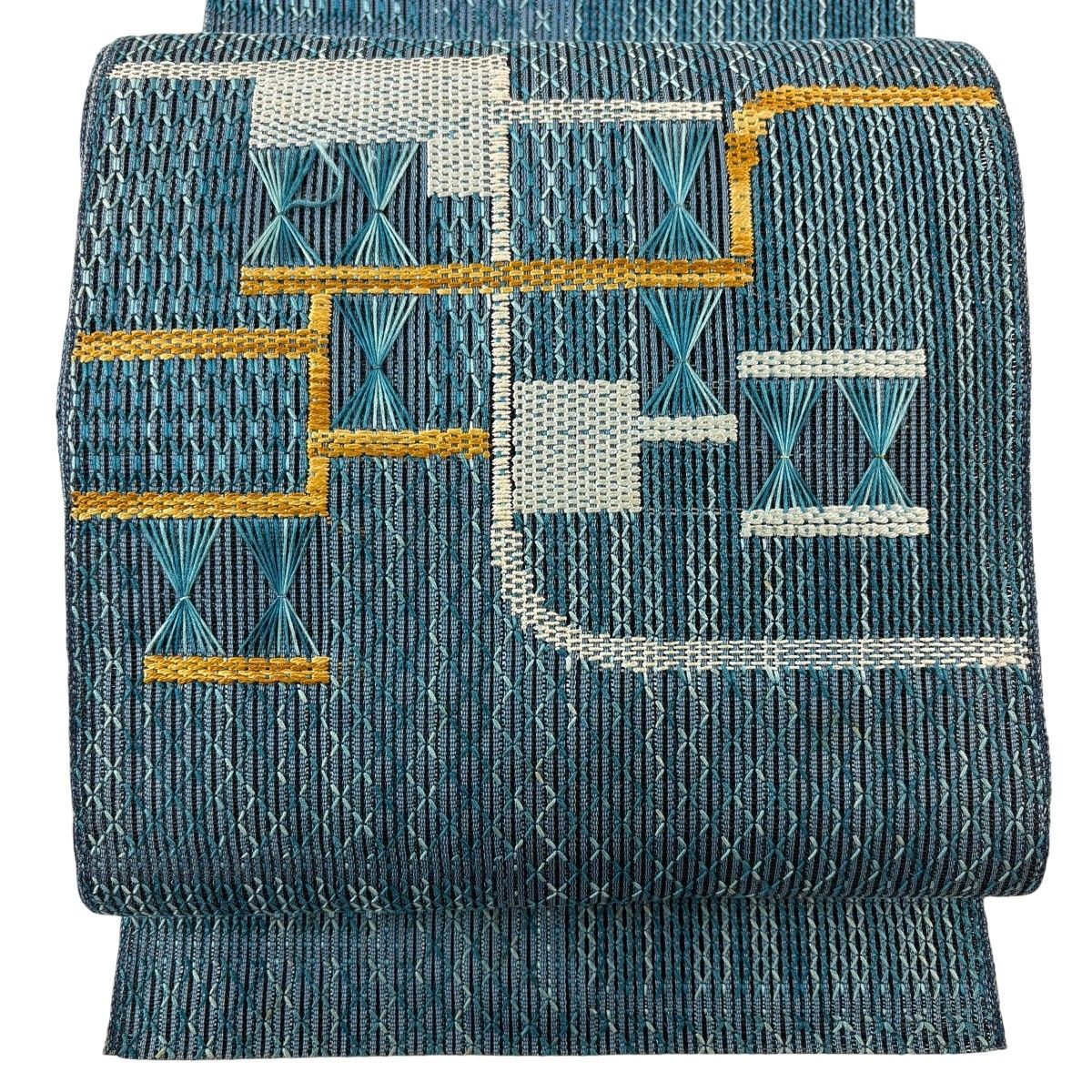 名古屋帯 秀品 松葉仕立て 八寸名古屋帯 夏帯 青緑 正絹 【中古