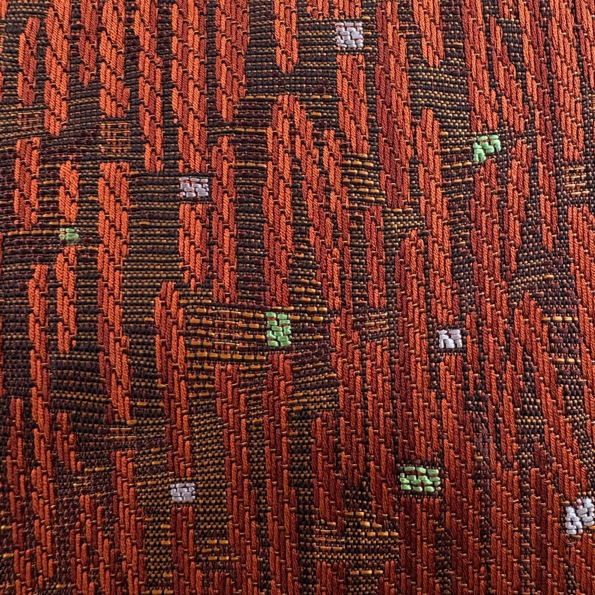 美品】 袋帯 秀品 幾何学模様 刺繍 金糸 赤茶 六通 正絹 【中古