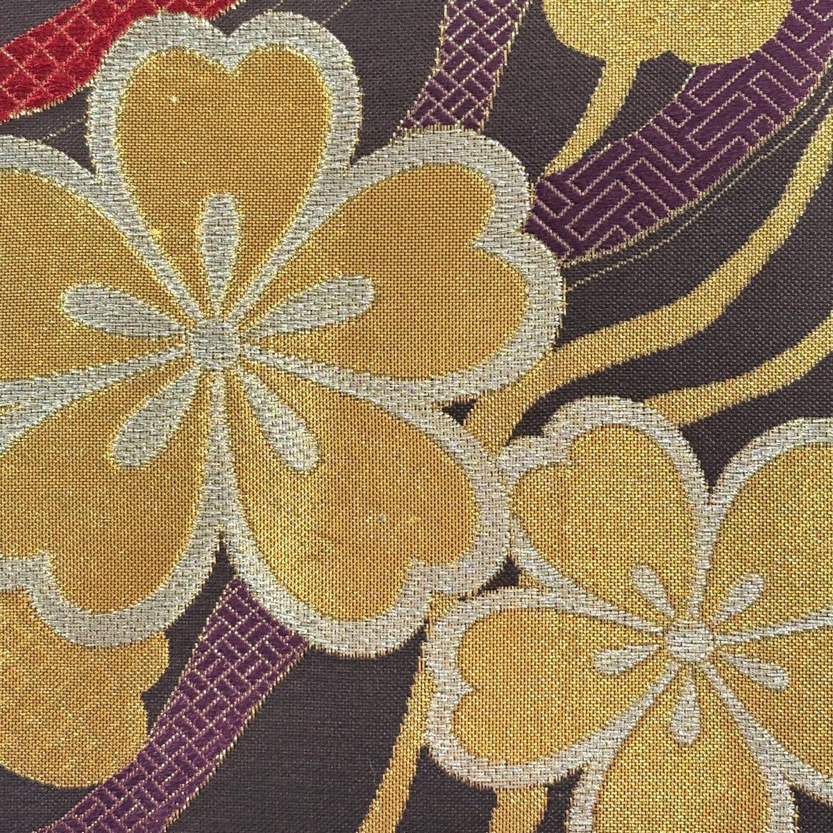 袋帯 秀品 桜 幾何学模様 金銀糸 刺繍 焦茶色 六通 正絹 【中古