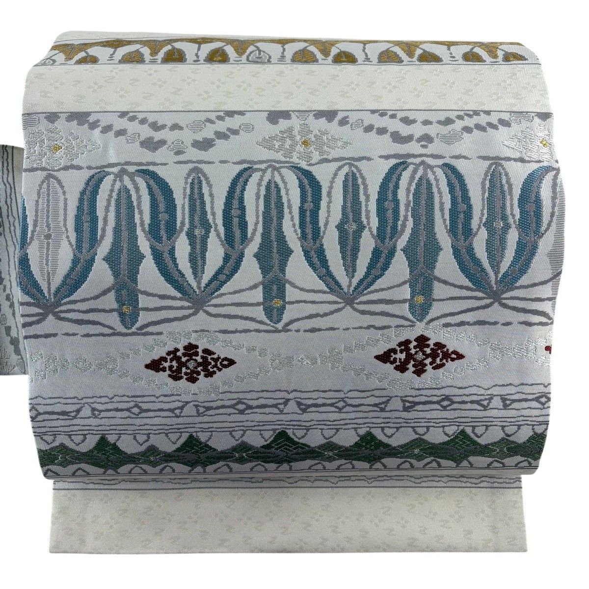 美品】 名古屋帯 秀品 幾何学模様 花菱 金銀糸 灰色 正絹 【】 【公式 