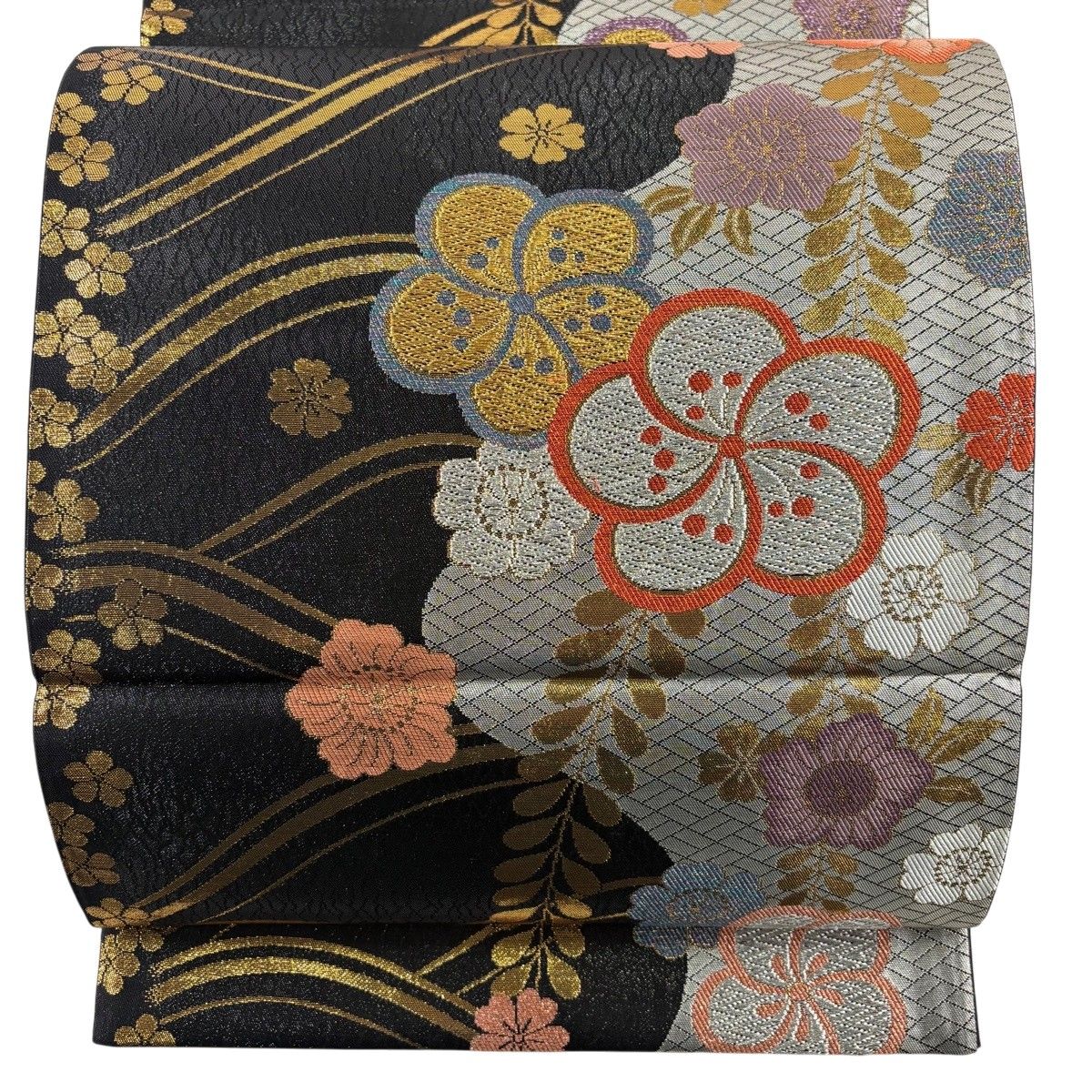 袋帯 秀品 振袖向き 梅 桜 箔 金銀糸 黒 六通 正絹 【中古