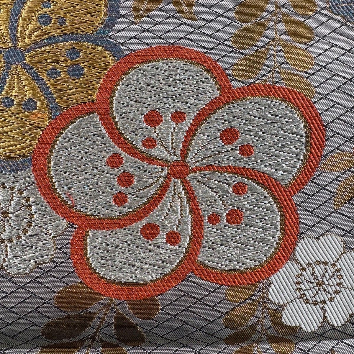 袋帯　振袖　ビロード　大輪花　金銀糸　シルバー　正絹　　　#1114 袋帯 振袖 ビロード 大輪花 金銀糸 シルバー 正絹 #1114