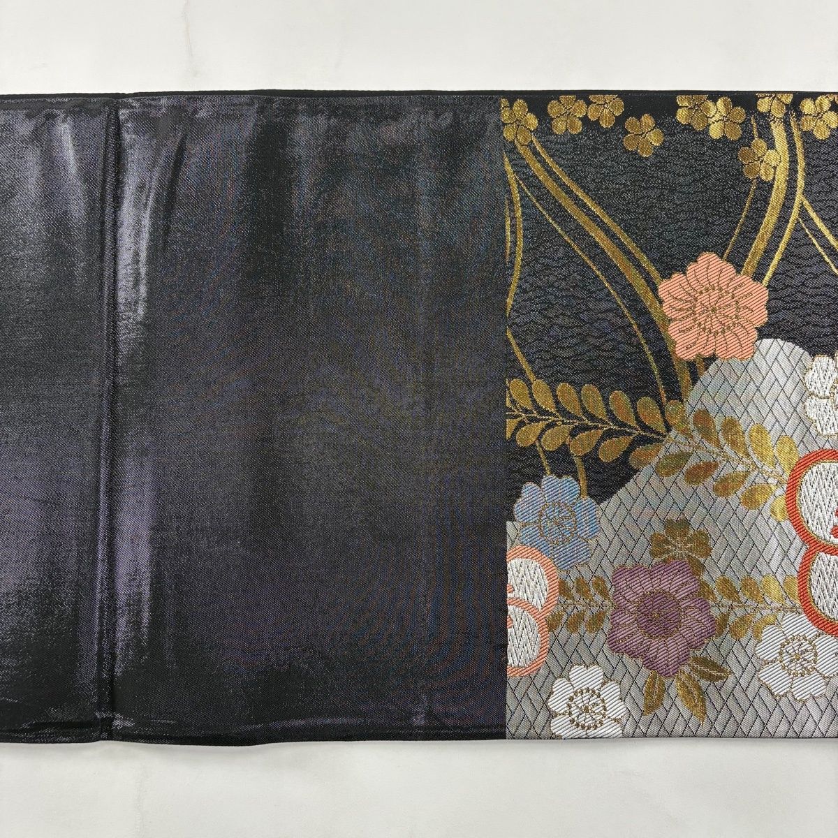 袋帯　振袖　ビロード　大輪花　金銀糸　シルバー　正絹　　　#1114 袋帯 振袖 ビロード 大輪花 金銀糸 シルバー 正絹 #1114