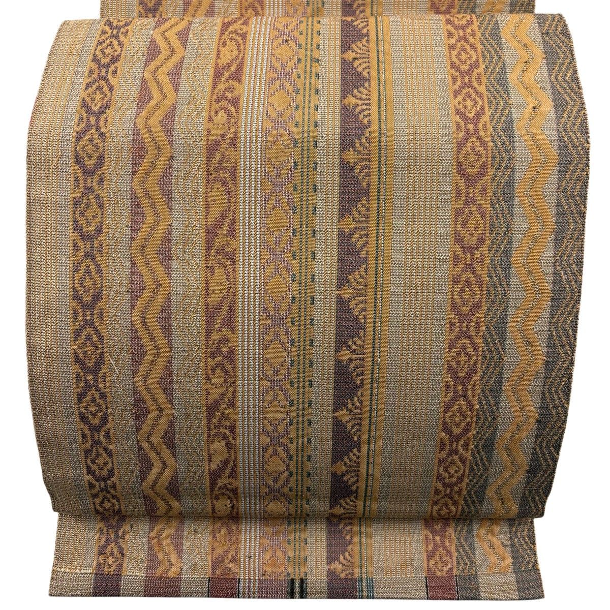 名古屋帯 秀品 八寸名古屋帯 松葉仕立て 縞 唐草 薄茶色 正絹 【中古