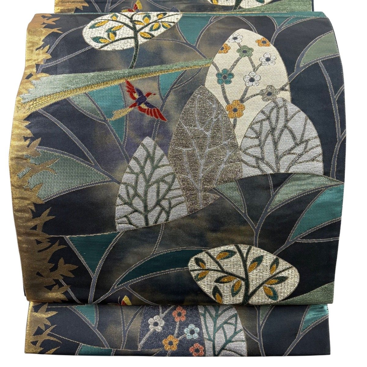 美品】 袋帯 秀品 森の精 花鳥 蝶 箔 金銀糸 墨色 六通 正絹 【中古